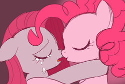 Size: 1022x691 | Tagged: safe, artist:momo, character:pinkamena diane pie, character:pinkie pie, crying, duality, female, imminent kissing, lesbian, sad, selfcest