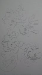 Size: 600x1066 | Tagged: safe, artist:momo, character:pinkie pie, character:rainbow dash, cute, derp, diapinkes, eyes closed, floppy ears, grin, heart, insanity, sitting, smiling, smirk, wide eyes