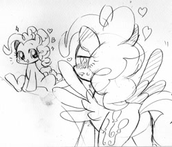 Size: 1022x873 | Tagged: safe, artist:momo, character:pinkie pie, character:surprise, cute, diapinkes, heart, ink drawing, lineart, monochrome, traditional art