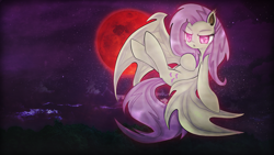 Size: 1920x1080 | Tagged: safe, artist:cyanaeolin, artist:vipeydashie, edit, character:flutterbat, character:fluttershy, species:bat pony, species:pony, looking at you, moon, night, race swap, solo, wallpaper