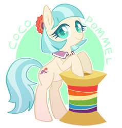 Size: 670x704 | Tagged: safe, artist:qpqp, character:coco pommel, species:earth pony, species:pony, episode:rarity takes manehattan, g4, my little pony: friendship is magic, abstract background, circle background, cocobetes, colored pupils, cute, female, mare, rainbow thread, solo