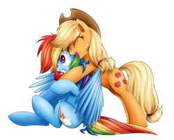 Size: 1500x1208 | Tagged: safe, artist:xioade, character:applejack, character:rainbow dash, species:earth pony, species:pegasus, species:pony, apple, clothing, cute, dashabetes, eyes closed, female, freckles, gritted teeth, hat, hug, jackabetes, mare, open mouth, simple background, smiling, transparent background, wide eyes