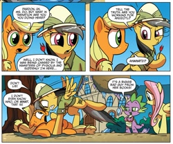 Size: 1004x835 | Tagged: safe, idw, official comic, character:applejack, character:daring do, character:fluttershy, species:dragon, species:earth pony, species:pegasus, species:pony, clothing, comic, dialogue, female, hat, male, mare, pith helmet, quartet, schmarfelpod, speech bubble