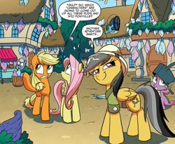 Size: 1046x858 | Tagged: safe, idw, official comic, character:applejack, character:daring do, character:doctor whooves, character:fluttershy, character:spike, character:time turner, species:dragon, species:earth pony, species:pegasus, species:pony, species:unicorn, clothing, cocoon, dexterous hooves, dialogue, female, hat, male, mare, pith helmet, pod, ponyville, schmarfelpod, speech bubble