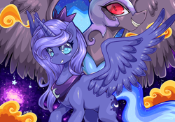 Size: 1024x717 | Tagged: safe, artist:jiayi, character:nightmare moon, character:princess luna, species:alicorn, species:pony, colored pupils, evil grin, female, grin, looking at you, mare, red eyes, s1 luna, smiling, spread wings, wings