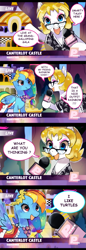 Size: 691x2000 | Tagged: safe, artist:suikuzu, character:rainbow dash, oc, oc:smarty talky, species:earth pony, species:pegasus, species:pony, comic, female, glasses, grand galloping gala, i like turtles, interview, mare, microphone