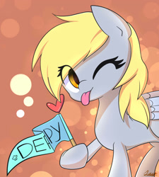 Size: 2300x2550 | Tagged: safe, artist:joyfulinsanity, character:derpy hooves, species:pegasus, species:pony, episode:rainbow falls, g4, my little pony: friendship is magic, blep, cute, derpabetes, female, heart, looking at you, mare, smiling, solo, the grey one's glorious return, tongue out, wink