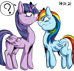 Size: 600x572 | Tagged: safe, artist:nekubi, character:rainbow dash, character:twilight sparkle, character:twilight sparkle (alicorn), species:alicorn, species:pony, balancing, confused, crying, eye contact, female, frown, glare, height difference, mare, question mark, shivering, tiptoe