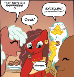 Size: 460x481 | Tagged: safe, idw, official comic, species:buffalo, species:earth pony, species:griffon, species:pony, big angie, bindi, brown background, cropped, dialogue, eating, female, mare, simple background, speech bubble, toffee truffle, vermouth roux
