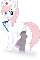 Size: 2591x3832 | Tagged: safe, artist:constellite, artist:ringo, character:nurse redheart, species:earth pony, species:pony, adoredheart, alternate hairstyle, clipboard, clothing, cute, female, heartabetes, looking back, mare, nurse, smiling, solo, stockings