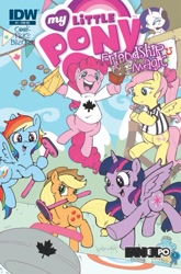 Size: 421x639 | Tagged: safe, artist:katiecandraw, idw, character:applejack, character:fluttershy, character:pinkie pie, character:rainbow dash, character:rarity, character:twilight sparkle, character:twilight sparkle (alicorn), species:alicorn, species:pony, canada, cover, curling, fan expo, female, mane six, mare, poutine, timbits