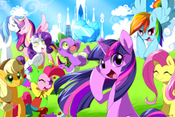Size: 1500x1000 | Tagged: safe, artist:jiayi, character:applejack, character:fluttershy, character:pinkie pie, character:princess cadance, character:rainbow dash, character:rarity, character:shining armor, character:spike, character:twilight sparkle, character:twilight sparkle (unicorn), species:alicorn, species:dragon, species:earth pony, species:pegasus, species:pony, species:unicorn, blue sky, clothing, crystal empire, crystal heart, eyes closed, female, grass field, hat, looking at you, male, mane seven, mane six, mare, open mouth, smiling, stallion