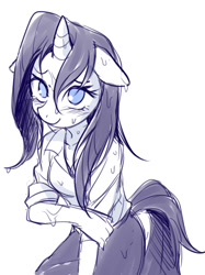 Size: 431x575 | Tagged: safe, artist:megarexetera, character:rarity, species:anthro, species:pony, species:unicorn, blushing, clothing, female, looking at you, monochrome, simple background, smiling, solo, wet, wet mane, wet mane rarity, white background