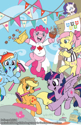 Size: 701x1080 | Tagged: safe, artist:katiecandraw, idw, character:applejack, character:fluttershy, character:pinkie pie, character:rainbow dash, character:rarity, character:twilight sparkle, character:twilight sparkle (alicorn), species:alicorn, species:pony, canada, clothing, comic, cover, curling, female, mane six, maple leaf, maple syrup, mare, olympics, poutine, referee, referee shirt, sports, timbits, whistle
