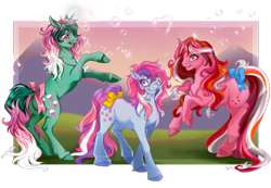 Size: 1280x888 | Tagged: safe, artist:cigarscigarettes, character:fizzy, character:galaxy (g1), character:sweet stuff, species:earth pony, species:pony, species:twinkle eyed pony, species:unicorn, g1, bow, bubble, cute, female, fizzybetes, galaxydorable, mare, rearing, sweet sweet stuff, tail bow, trio
