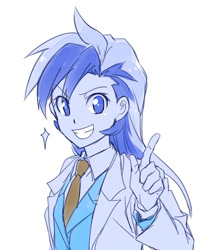 Size: 479x572 | Tagged: safe, artist:megarexetera, character:minuette, species:human, clothing, female, gloves, grin, humanized, lab coat, looking at you, necktie, pony coloring, simple background, smiling, solo, sparkles, white background