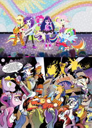 Size: 421x586 | Tagged: safe, edit, idw, screencap, character:applejack, character:diamond rose, character:fluttershy, character:gizmo, character:lemony gem, character:paisley, character:pinkie pie, character:princess cadance, character:rainbow dash, character:rarity, character:sandalwood, character:twilight sparkle, character:velvet sky, episode:shake your tail, equestria girls:rainbow rocks, g4, my little pony:equestria girls, 8-bit (character), background human, buck withers, comparison, female, gaffer, humane five, male, neigh anything, oingo boingo, ponied up, sweetcream scoops, the rainbooms, thunderbass, velvet sky