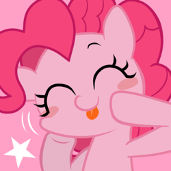 Size: 413x413 | Tagged: safe, artist:momo, character:pinkie pie, blep, blush sticker, blushing, cute, diapinkes, eyes closed, icon, pink background, simple background, solo, stars, tongue out
