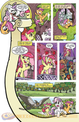 Size: 900x1384 | Tagged: safe, artist:tonyfleecs, idw, official comic, character:apple bloom, character:apple fritter, character:applejack, character:babs seed, character:big mcintosh, character:scootaloo, character:spike, character:sweetie belle, species:bird, species:earth pony, species:pegasus, species:pony, species:unicorn, friends forever, apple bloom's bad joke, apple family member, comic, cutie mark crusaders, dialogue, exploitable meme, falcon, falconry, female, filly, foal, idw advertisement, male, meme origin, preview, shower, speech bubble, stallion, stand-up comedy