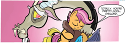 Size: 1083x383 | Tagged: safe, artist:tonyfleecs, idw, official comic, character:discord, character:scootaloo, species:draconequus, species:pegasus, species:pony, friends forever, cropped, dialogue, discordlove, duo, eyes closed, female, filly, foal, heartwarming, lip bite, male, pink background, simple background, speech bubble, teary eyes