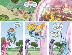 Size: 1014x777 | Tagged: safe, artist:tonyfleecs, idw, official comic, character:apple bloom, character:applejack, character:fluttershy, character:pinkie pie, character:rainbow dash, character:rarity, character:scootaloo, character:spike, character:sweetie belle, character:twilight sparkle, character:twilight sparkle (alicorn), species:alicorn, species:earth pony, species:pegasus, species:pony, species:unicorn, friends forever, comic, cutie mark crusaders, dialogue, female, filly, fire hose, firefighter, foal, magic bubble, mane seven, mane six, mare, rainbow crash, speech bubble