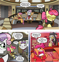 Size: 530x561 | Tagged: safe, artist:tonyfleecs, idw, official comic, character:apple bloom, character:discord, character:opalescence, character:scootaloo, character:sweetie belle, species:draconequus, species:earth pony, species:pegasus, species:pony, species:unicorn, friends forever, cat, comic, cutie mark crusaders, dialogue, disqord, female, filly, foal, geordi laforge, jean-luc picard, male, q, romulan, speech bubble, star trek, star trek: the next generation, visor, voice actor joke, william riker