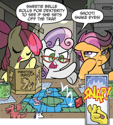 Size: 476x524 | Tagged: safe, artist:tonyfleecs, idw, official comic, character:apple bloom, character:discord, character:scootaloo, character:sweetie belle, species:dragon, species:earth pony, species:pegasus, species:pony, species:unicorn, friends forever, broken glasses, comic, cutie mark crusaders, dialogue, dice, dungeon master, dungeons and dragons, eyes closed, female, filly, finger snap, foal, glasses, honey dew (drink), ogres and oubliettes, rarity's glasses, scootaloo is not amused, speech bubble, tabletop gaming, unamused