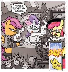 Size: 656x695 | Tagged: safe, artist:tonyfleecs, idw, official comic, character:apple bloom, character:discord, character:scootaloo, character:sweetie belle, species:earth pony, species:pegasus, species:pony, species:unicorn, friends forever, beatnik, beret, clothing, coffee, cutie mark crusaders, dialogue, female, filly, finger snap, foal, glasses, hipster, hipsterloo, moustache, scarf, speech bubble, sweater, turtleneck