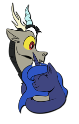 Size: 600x945 | Tagged: safe, artist:xioade, edit, editor:vb, character:discord, character:princess luna, ship:lunacord, female, hug, male, shipping, simple background, straight