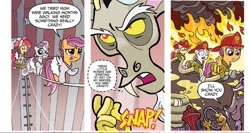 Size: 1371x732 | Tagged: safe, artist:tonyfleecs, idw, official comic, character:apple bloom, character:discord, character:scootaloo, character:sweetie belle, species:draconequus, species:earth pony, species:pegasus, species:pony, species:unicorn, friends forever, clothing, comic, cute, cutealoo, cutie mark crusaders, dialogue, female, filly, fire, fire hose, firefighter, firefighter applebloom, firefighter crusaders, firefighter helmet, firefighter scootaloo, firefighter sweetie belle, fireponies, foal, helmet, male, speech bubble, tutu