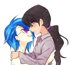 Size: 648x573 | Tagged: safe, artist:megarexetera, character:dj pon-3, character:octavia melody, character:vinyl scratch, species:human, ship:scratchtavia, clothing, ear piercing, earring, eye contact, female, grin, hairband, humanized, imminent kissing, jewelry, lesbian, looking at each other, nudity, piercing, shipping, shirt, simple background, smiling, sunglasses, white background