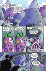 Size: 662x1018 | Tagged: safe, artist:agnesgarbowska, idw, official comic, character:princess celestia, character:spike, species:alicorn, species:dragon, species:pony, friends forever, comic, dialogue, dragons riding ponies, duo, ethereal mane, female, idw advertisement, iggy (idw), lobster, male, mare, mountain, pinklestia, preview, riding, rock lobster, speech bubble