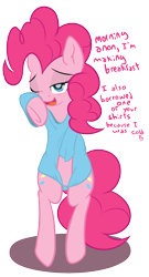 Size: 899x1660 | Tagged: safe, artist:mostazathy, character:pinkie pie, oc, oc:anon, species:earth pony, species:pony, bipedal, bottomless, clothing, covering, cute, dialogue, diapinkes, heart, morning ponies, shirt, shirt pull, solo, tired