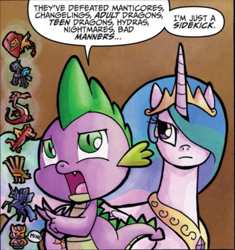 Size: 769x819 | Tagged: safe, idw, official comic, character:basil, character:garble, character:nightmare moon, character:princess celestia, character:princess luna, character:spike, species:alicorn, species:changeling, species:dragon, species:pony, arson murder and jaywalking, dialogue, duo, ethereal mane, female, hydra, male, manticore, mare, multiple heads, speech bubble, teenaged dragon