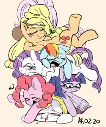 Size: 600x718 | Tagged: safe, artist:nekubi, character:applejack, character:fluttershy, character:pinkie pie, character:rainbow dash, character:rarity, character:twilight sparkle, oc, :t, blushing, book, cuddle puddle, cuddling, cute, drool, eyes closed, floppy ears, frown, glasses, mane six, music notes, on back, open mouth, pixiv, pony pile, prone, reading, sleeping, smiling, snuggling, sweat, sweatdrop