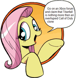Size: 429x431 | Tagged: safe, idw, character:fluttershy, bad advice fluttershy, call of duty, exploitable meme, female, fluttertroll, meme, solo, titanfall