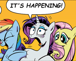 Size: 388x311 | Tagged: safe, edit, idw, character:fluttershy, character:rainbow dash, character:rarity, comic, doom paul, exploitable meme, it's happening, meme, reaction image, ron paul