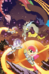 Size: 755x1147 | Tagged: safe, artist:tonyfleecs, idw, character:apple bloom, character:discord, character:scootaloo, character:sweetie belle, species:pegasus, species:pony, astronaut, comic cover, cosmic, cover art, cutie mark crusaders, flying, jetpack, planet, ponies in space, space, space suit