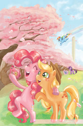 Size: 894x1358 | Tagged: safe, artist:peng-peng, idw, character:applejack, character:pinkie pie, character:rainbow dash, character:twilight sparkle, species:pony, bipedal, book, camera, comic cover, cover, cover art, flower, flying, magic, selfie, washington d.c., washington monument