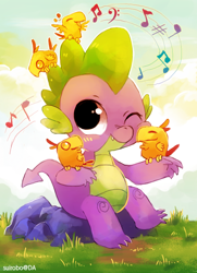 Size: 664x915 | Tagged: dead source, safe, artist:suikuzu, character:peewee, character:spike, species:dragon, species:phoenix, g4, baby, baby dragon, blush sticker, blushing, chick, cute, featured on derpibooru, male, music notes, nuzzling, one eye closed, one eye open, peewee, phoenix chick, rock, rubbing, signature, singing, sitting, smiling, spikabetes, squishy, squishy cheeks, waving, wink