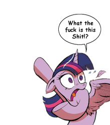 Size: 474x541 | Tagged: safe, idw, character:twilight sparkle, character:twilight sparkle (alicorn), species:alicorn, species:pony, dialogue, exploitable, female, mare, reaction, reaction image, simple background, solo, speech bubble, template, transparent background, vulgar, what the fuck is this shit