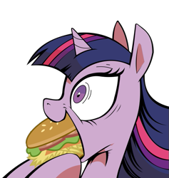 Size: 497x525 | Tagged: safe, edit, idw, character:twilight sparkle, character:twilight sparkle (alicorn), species:alicorn, species:pony, eating, excited twilight meme, exploitable meme, female, hay burger, mare, meme, nom, smiling, solo, that pony sure does love burgers, twilight burgkle, wide eyes