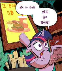 Size: 862x983 | Tagged: safe, idw, character:twilight sparkle, character:twilight sparkle (alicorn), species:alicorn, species:pony, feather, female, hay burger, mare, meme, open mouth, pointing, shocked, solo, that pony sure does love burgers, tongue out, twilight burgkle, wide eyes
