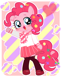 Size: 1340x1680 | Tagged: safe, artist:momo, character:pinkie pie, species:pony, askharajukupinkiepie, bipedal, blushing, candy, clothing, cute, diapinkes, food, heart, looking at you, open mouth, pixiv, school uniform, schoolgirl, semi-anthro, skirt, smiling, solo, sweets