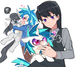 Size: 764x682 | Tagged: safe, artist:megarexetera, character:dj pon-3, character:octavia melody, character:vinyl scratch, species:earth pony, species:human, species:pony, species:unicorn, ship:scratchtavia, >.<, biting, blushing, bow tie, clothing, eyes closed, female, glasses, hape, heart, hug, human ponidox, humanized, leaning, lesbian, mare, nom, open mouth, pictogram, shipping, simple background, white background