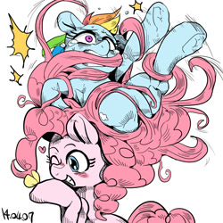 Size: 1000x1000 | Tagged: safe, artist:nekubi, character:pinkie pie, character:rainbow dash, armpits, entangled, i've seen enough hentai to know where this is going, prehensile mane, scared, stuck, tangled up, tentacle mane, underhoof