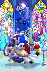 Size: 600x910 | Tagged: safe, artist:amy mebberson, idw, character:princess cadance, character:princess celestia, character:princess luna, character:shining armor, character:twilight sparkle, character:twilight sparkle (alicorn), species:alicorn, species:pony, species:unicorn, friends forever, clothing, comic, comic cover, coronation dress, cover, crown, dress, female, horns are touching, jewelry, male, mare, regalia, stained glass, stallion