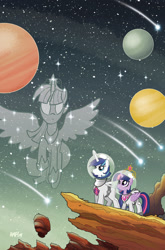 Size: 755x1147 | Tagged: safe, artist:tonyfleecs, idw, character:shining armor, character:twilight sparkle, character:twilight sparkle (alicorn), species:alicorn, species:pony, astronaut, constellation, cover, female, jetpack, mare, planet, ponies in space, shooting star, space, space suit, stars