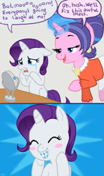 Size: 533x900 | Tagged: safe, artist:mcponyponypony, character:cookie crumbles, character:rarity, blushing, braces, comic, cute, filly, filly rarity, hnnng, raribetes, younger