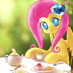 Size: 300x300 | Tagged: safe, artist:jiayi, character:fluttershy, happy, looking at you, tea